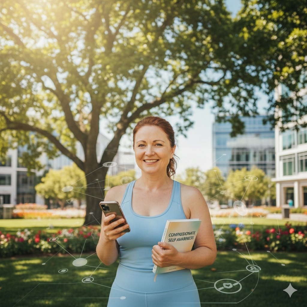 A happy woman, outside in Silicon Valley, CA+Compassionate Self Awareness